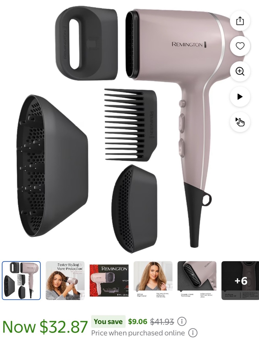 Remington Rose Gold and Black Compact Hair Dryer with 5 Styling Attachments